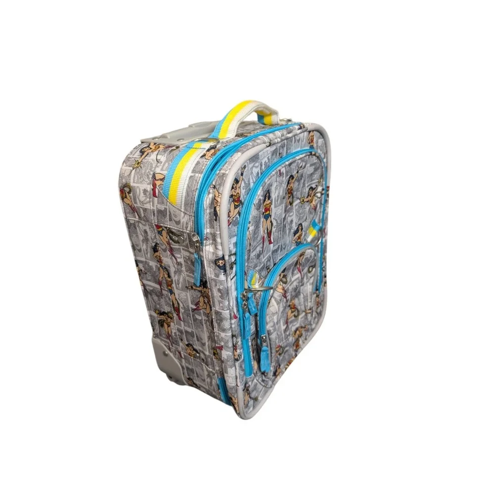 Pottery Barn Kids Wonder Woman Rolling Suitcase Comic Print Luggage Grey Blue